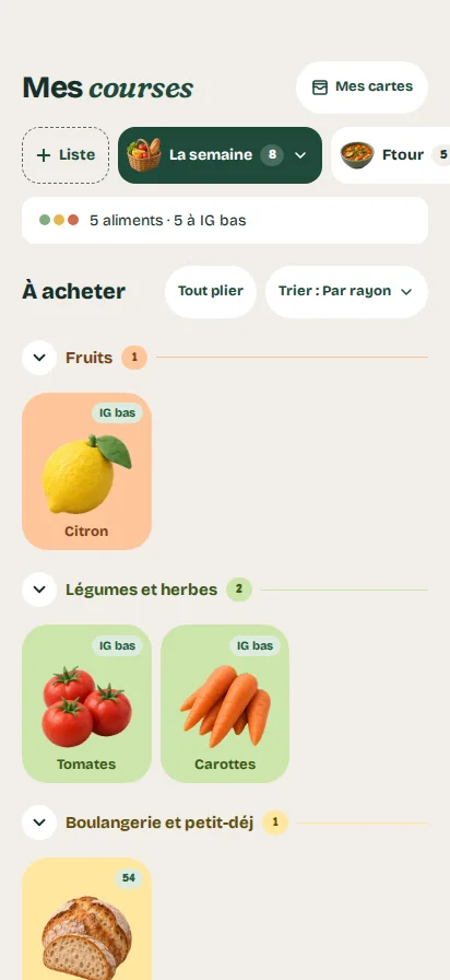 Écran de l'app : la liste de courses en tuiles, rangée par rayon